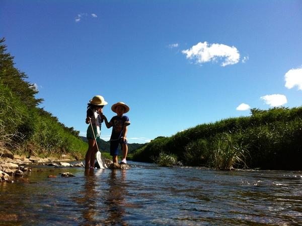 麦わら帽子を被り、川の中の生き物を探そうとしている子供の写真
