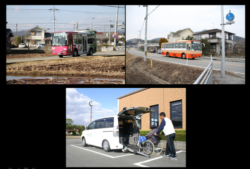 2台のバスが走っている写真と車いすのまま車に乗せようとしている写真