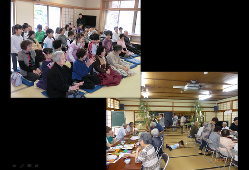 子供と高齢者が遊んでいる写真、高齢者が七夕の短冊を作成している写真