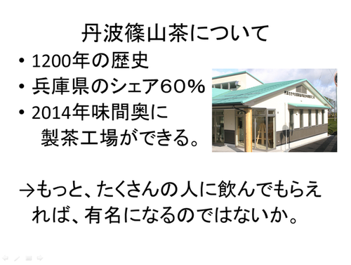 「丹波篠山茶について」1200年の歴史 兵庫県のシェア60％ 2014年味間奥に製茶工場ができる。 →もっと、たくさんのひとに飲んでもらえなれば、有名になるのではないか。