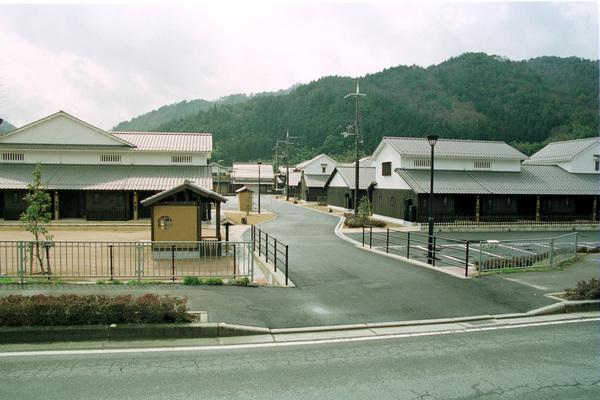 真ん中に道路があり右には灰色の日本家屋が4棟、左には横長の日本家屋が1棟立っている写真
