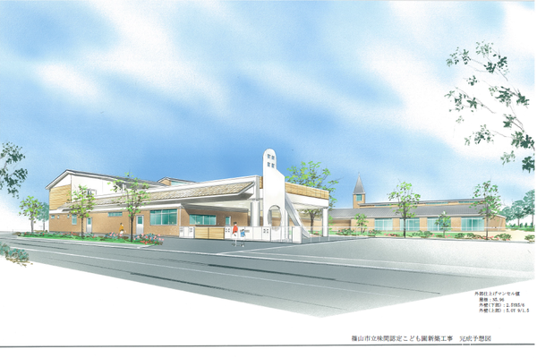 奥には灰色の屋根の横長の建物、手前には白い屋根の横長の建物が描いてあるこども園の完成予想図