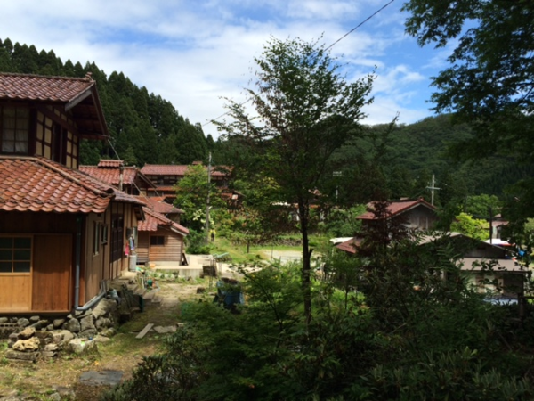 手前には二階建ての赤瓦で葺いた家があり、その奥にも同様の家が続き家の奥には緑の杉林が広がっている様子の写真