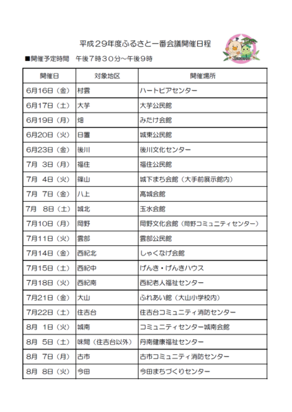 平成29年度ふるさと一番会議日程一覧表