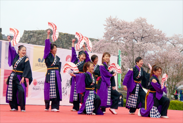 一部にひし形の模様が入った黒と紫の衣装を着、白地に赤の波線が入っているセンスを持ちポーズを決めている8名のダンサー達