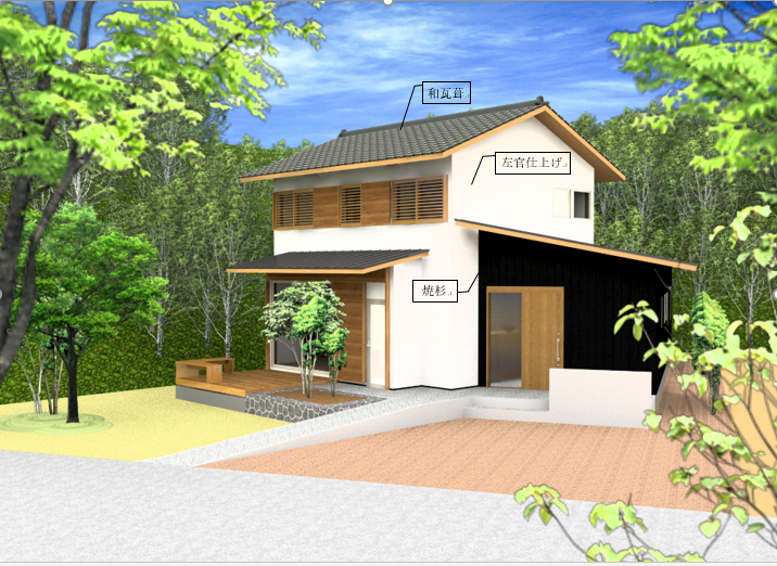 丹波篠山の家のモデルハウス、屋根は瓦葺きで白色の外壁で左官仕上げがされている。玄関は焼杉となっている。