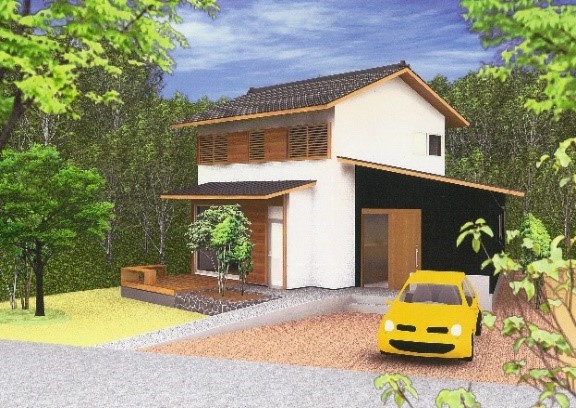 丹波篠山の家モデルハウスの図。白壁で瓦屋根の2階建て。黄色い車が駐車してある。