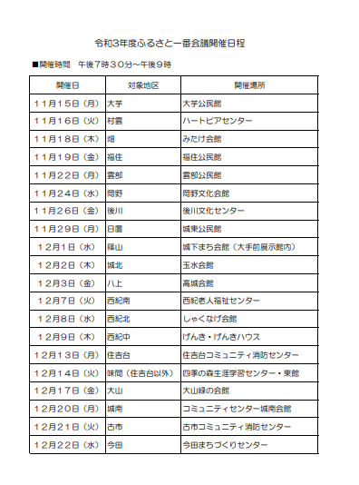 ふるさと一番会議の開催予定一覧が添付してある