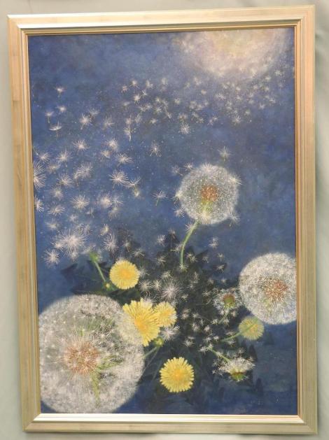 たんぽぽのわたげが宇宙にむかってとんでいく様子を描いた絵画