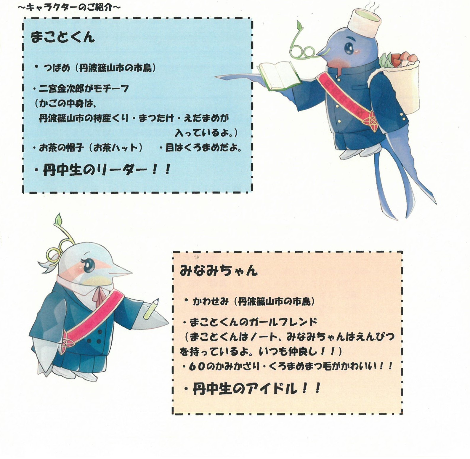 つばめとカワセミをモチーフにしたキャラクターの紹介