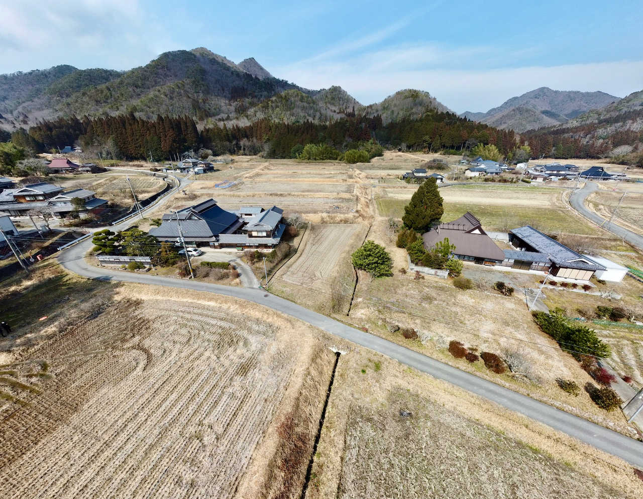航空写真。田園風景に茅葺の家が並んでいる