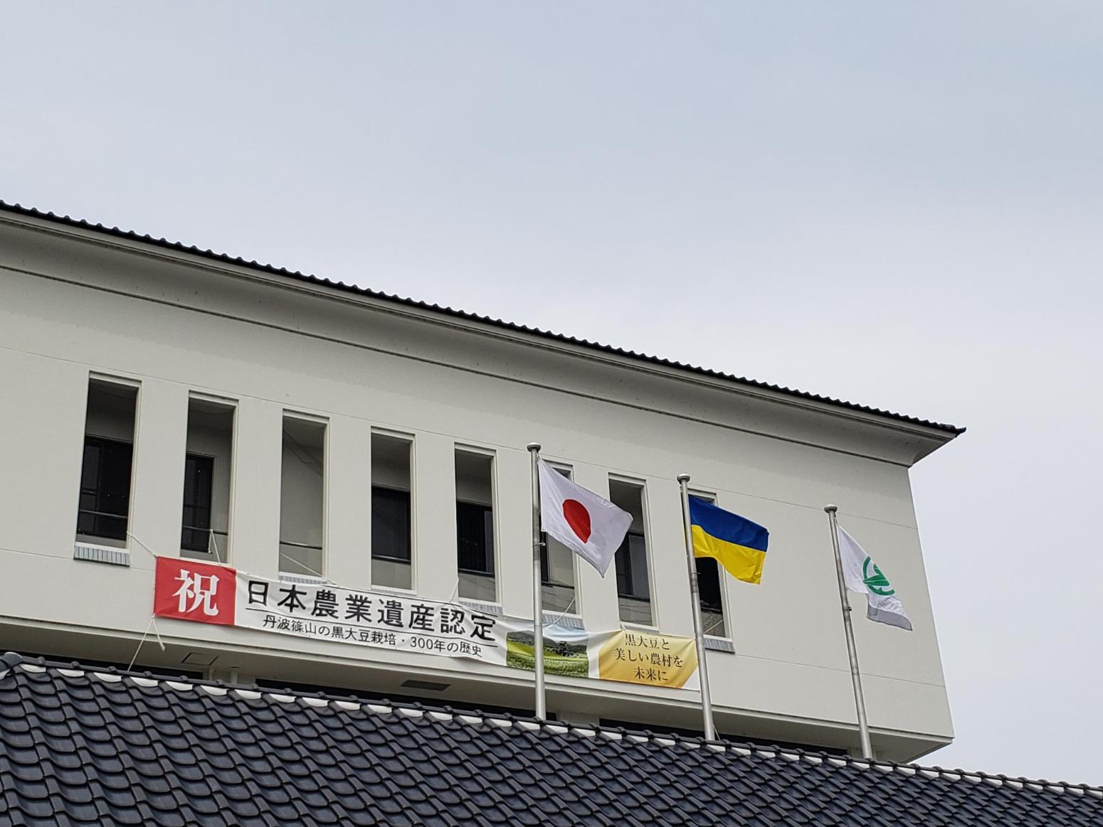 市役所庁舎に左から国旗、ウクライナ国旗、市旗が掲揚されている