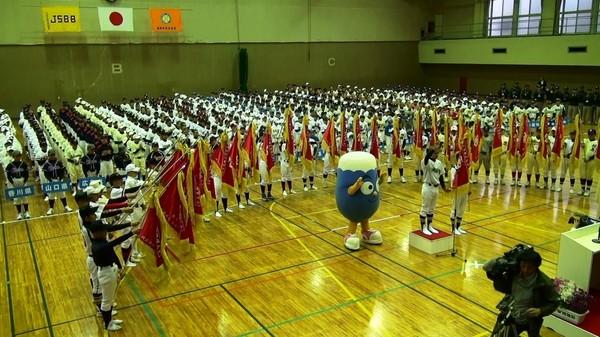 全日本少年春季軟式野球大会の開会式で各チームの選手代表が旗を持ちイメージキャラクターと選手代表2人が選手宣誓している写真