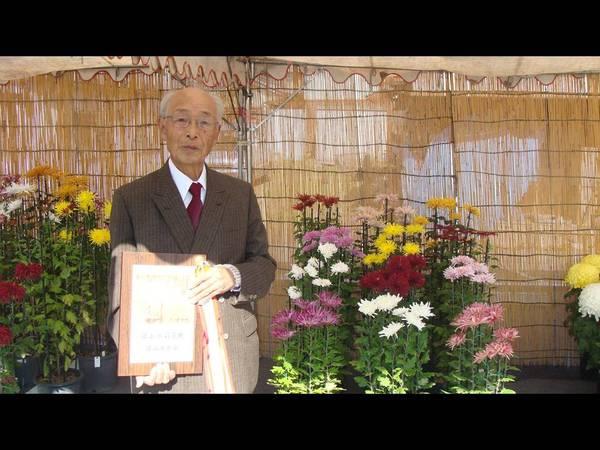 お苗菊作りの名人 長谷川武司先生が表彰状を持ち、その後ろにお苗菊の写真