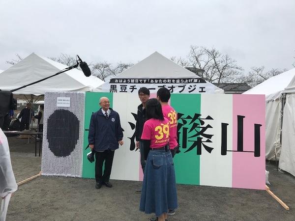 依頼者がパネルの前で男女のアナウンサーと会話している写真