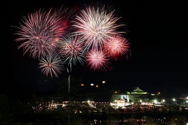 ライトアップされた城の横で、大きく打ちあがる赤、白、黄色の花火の写真