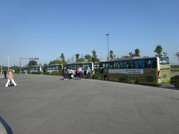 道路わきに停車する4台のバスと、その前にいる男女の写真