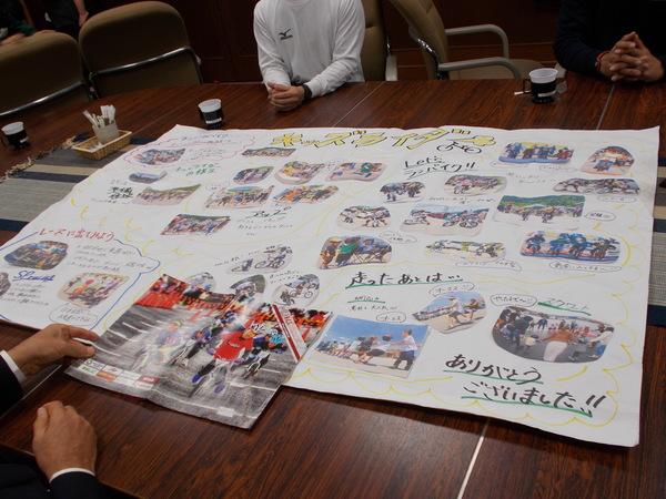 キッズライダーの様子が書かれた模造紙と、市長が手にもつキッズライダーのパンフレットの写真