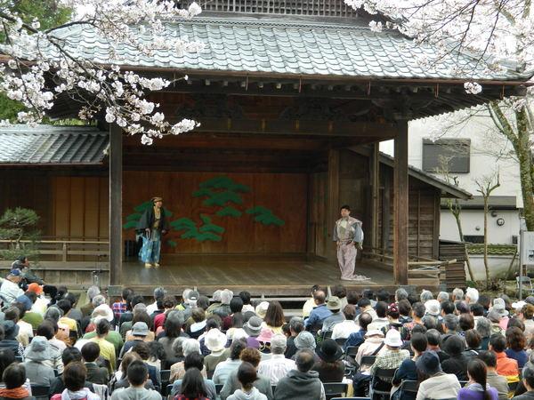 壁に松の絵が書かれている舞台に着物を来た男性が二人が手前と奥に立っていて、それを大勢の人達が見ている写真