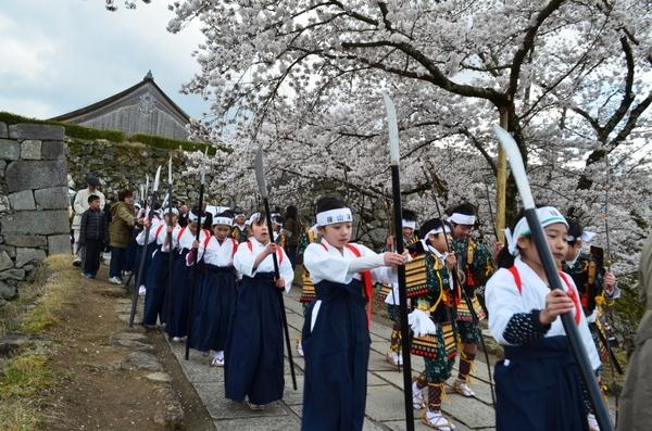 桜の木の下を子供達が鎧と袴姿で歩いている写真