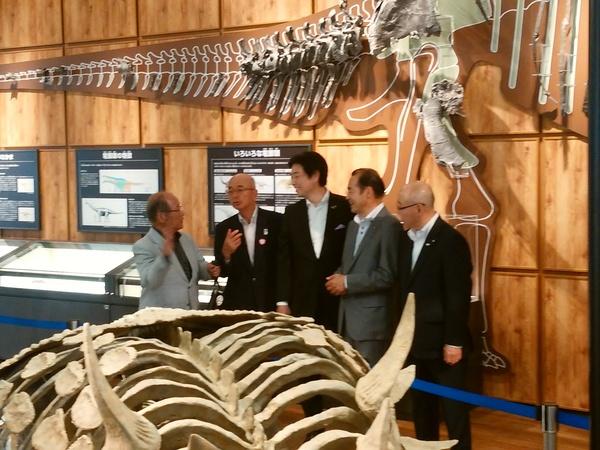 恐竜の化石の骨が展示されており、グレーのスーツを着た男性が熱心に市長に説明をしており、同行している市町長が笑顔で話を聞いている様子の写真