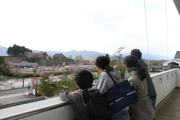 市長室のバルコニーから家族4人が篠山城跡の桜を見ている写真
