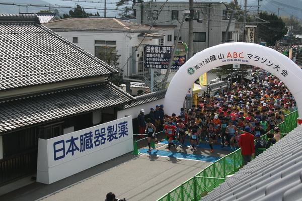 第37回篠山ABCマラソン大会と書かかれたアーチ型のバルーンで出来たスタート地点の下を選手たちがスタートしている写真