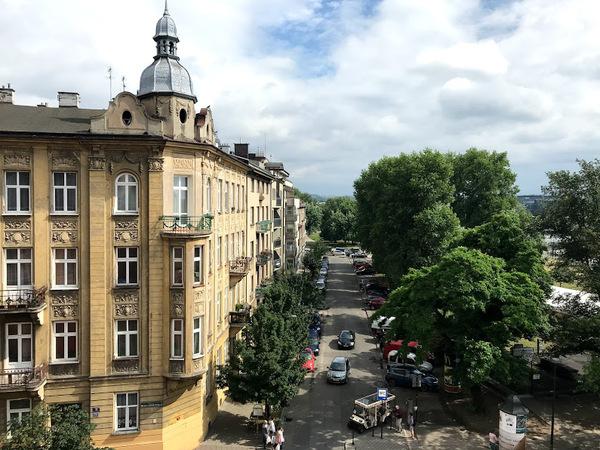 右側には木が並んでいて、道路を挟んだ左側には茶色の4階建ての大きな建物が建っている写真