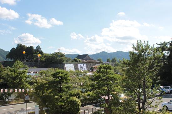 周りが緑に囲まれ石垣の上に城が建っている風景を遠目にうつした写真