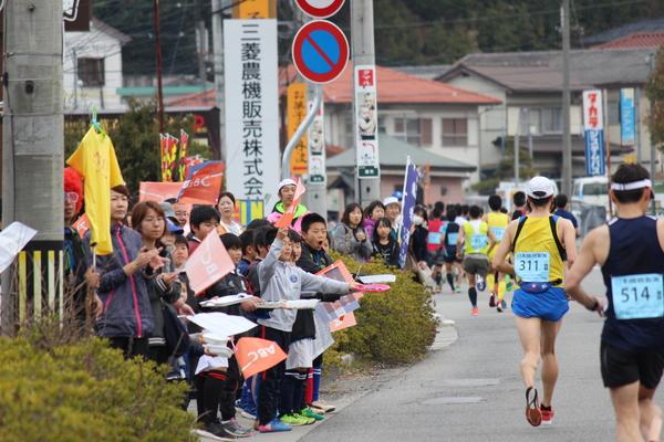 ランナーの後ろ姿と、沿道で旗を持ち応援している沢山の人の写真