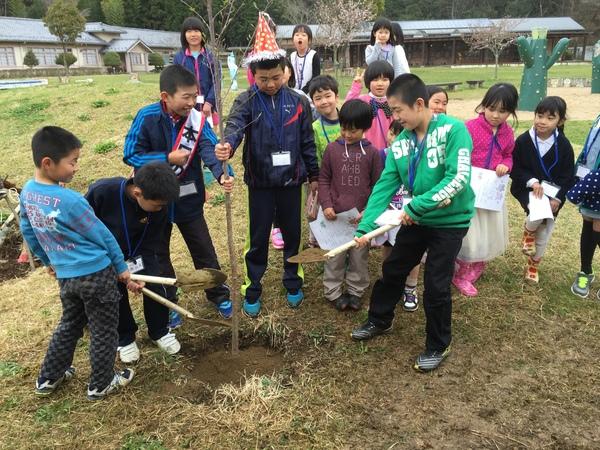 男子児童5名で、シャベルを使って植樹している写真