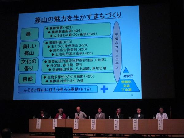 プロジェクトスクリに映し出された、篠山の魅力を生かすまちづくりの説明と、その前に着席する関係者の写真