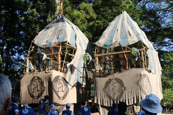 大きな木の下にキュウリ山が2台置かれているのを法被姿の男性らがみている写真