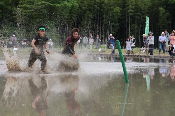 水の溜まった田んぼの中で2名の男性が棒をめがけて水しぶきをあげながら走っている様子を周りの人々が撮影したり応援している写真