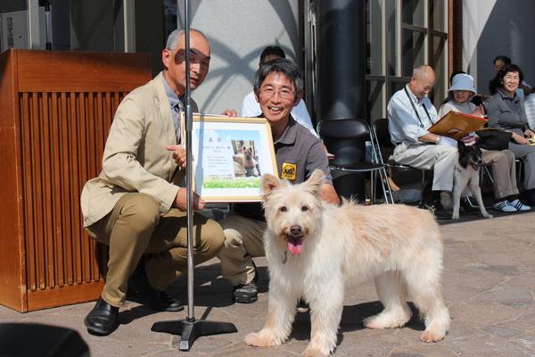 白い大きな犬と記念撮影している飼い主さんと関係者の方の写真
