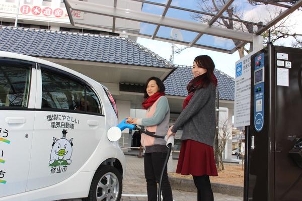 球速充電器の前の白い公用車に、赤いマフラーを巻いている女性が青い充電コネクターを差し込み、チェックの赤いマフラーを巻いている女性が充電ケーブルを持っている様子の写真