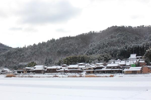 山の木々に薄っすらと雪が積もり、家々の屋根や前方の田んぼ一面に雪が降り積もっている様子の写真