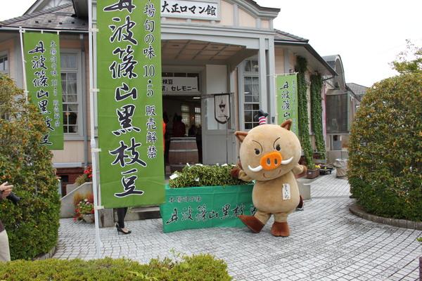 丹波篠山黒枝豆の緑色の旗が立っている横でイメージキャラクターがポーズをとっている写真