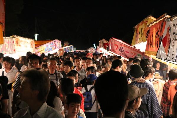 出店の間を歩く沢山の老若男女の写真