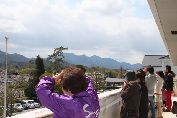 市長室のバルコニーから、桜を見ている沢山の男女の写真