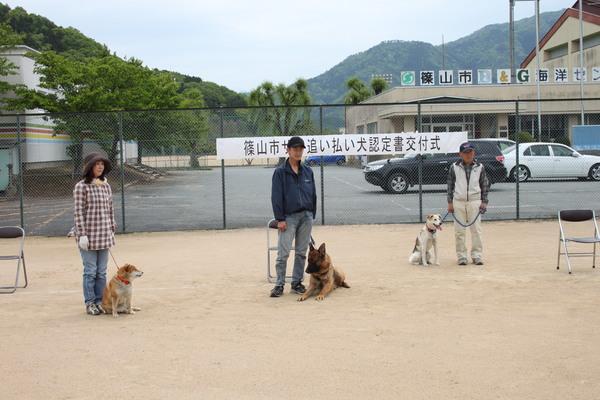 篠山市サル追い払い犬認定書交付式にて、飼い主と犬3匹の写真