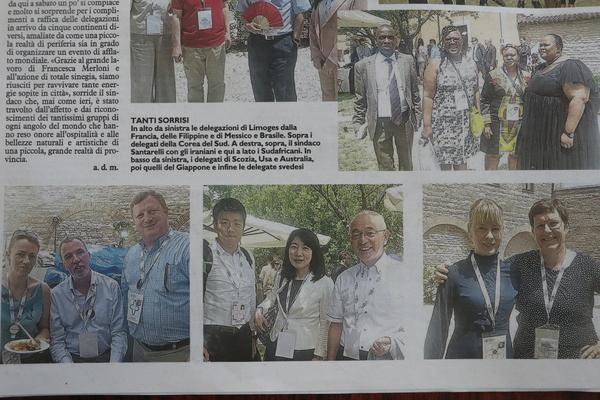 イタリアの地方新聞に市長、創造都市担当の小山さん、秘書兼通訳の小林さんの写真が載っている記事のアップの写真
