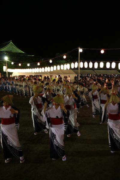 編み笠をかぶり、浴衣を着て踊っている女性達の写真