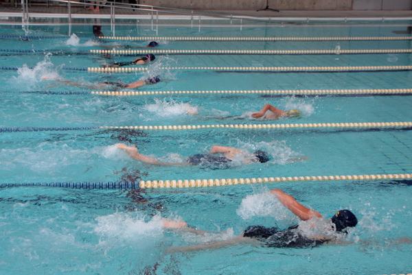 6名の選手がクロールで競い合い水しぶきが立っている写真