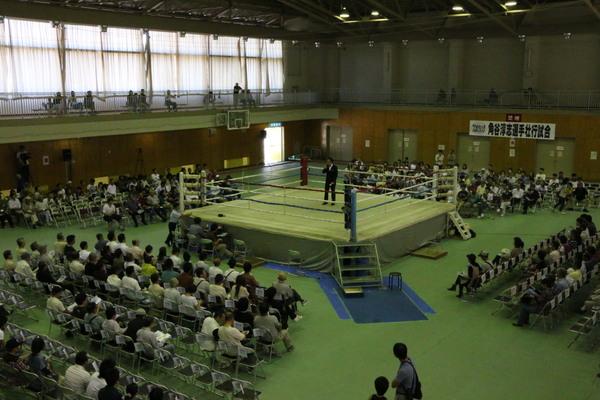 会場の真ん中にリングが置かれ、その周りには観客席が設けられており、リング上にスーツを着た男性が立ち、観客席に向かって話をしている写真