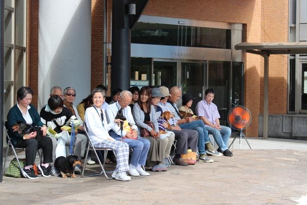 表彰される長寿犬と飼い主の方々が椅子に座っている写真