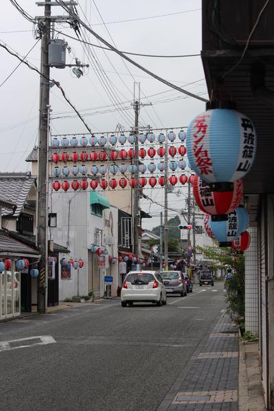 町に沢山の青や赤の提灯が飾られている写真