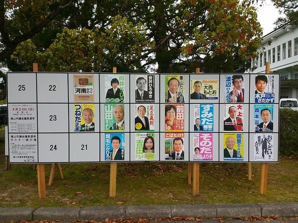 木の下に設置された選挙ポスター掲示板に、20人の立候補者のポスターが貼られている写真