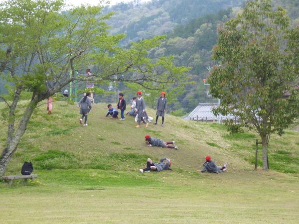 制服を着た子供達が少し高めの芝生をコロコロと落ちながら遊んでいる写真