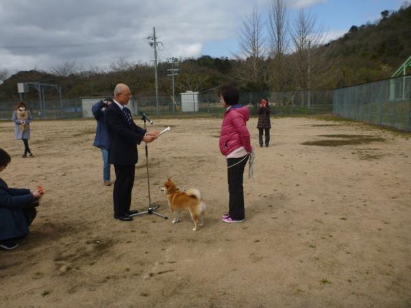広い空き地の中で犬を連れた女性が市長から表彰を受けている写真
